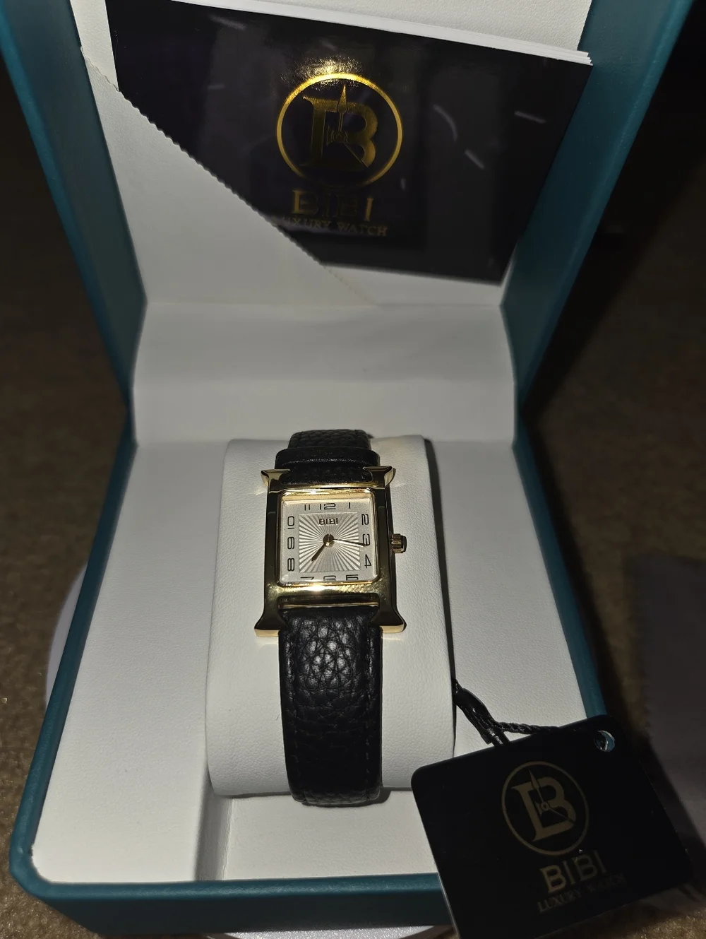 Bibi Luxury Square Gold Womens Watch Sunburst Face Brown Pebble Leather Strap